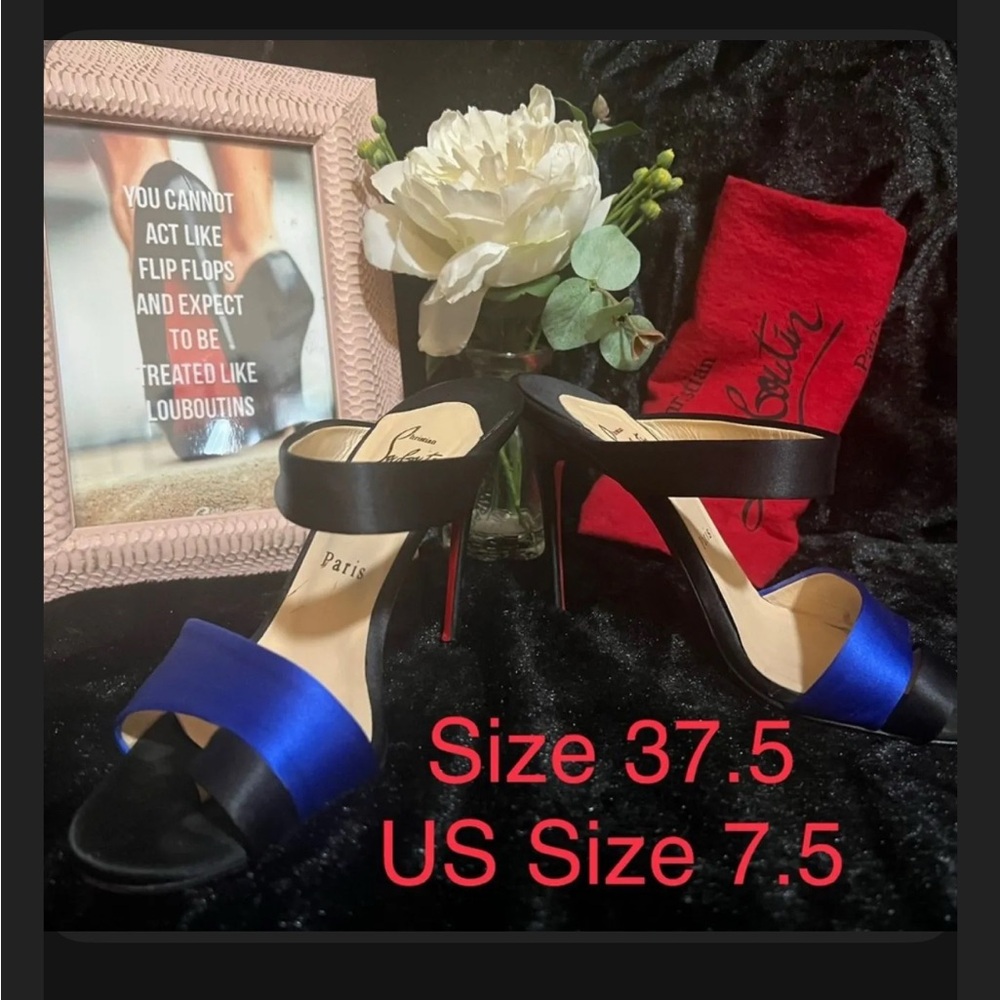 Louboutin Blue/Black Satin Toe Ring Sandals size 37.5 Mules